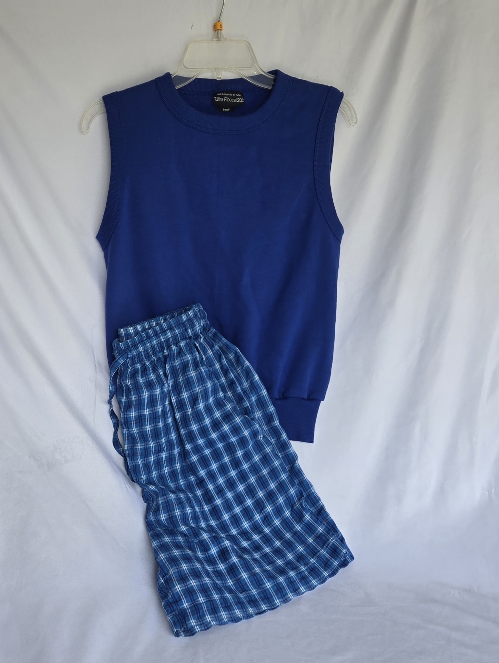 Erika&Co Blue plaid pattern Short. Vintage Tultex Ultra Fleece Tank Top